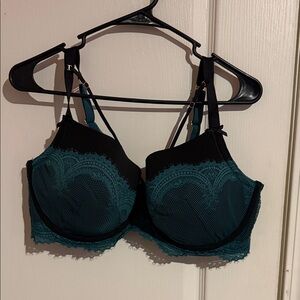 Cacique Black and Teal Lace Bra Balconette style